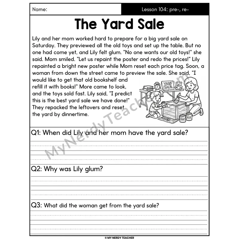 Prefixes pre- and re- Decodable Passage - The Yard Sale (Written Answers)