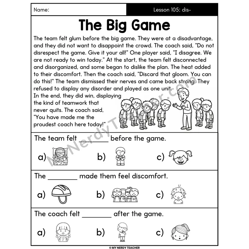 Prefix dis- Decodable Passage - - The Big Game (Picture Choices)
