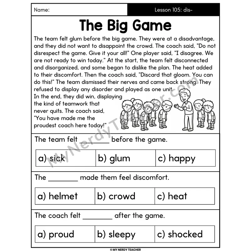 Prefix dis- Decodable Passage - - The Big Game (Multiple Choice)
