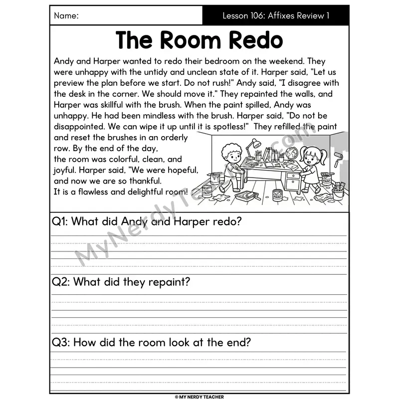 Affixes Review 1 Decodable Passage - The Room Redo (Written Answers)