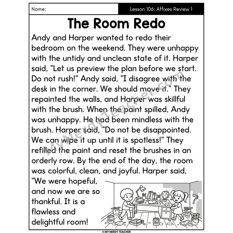 Affixes Review 1 Decodable Passage - The Room Redo (Large Print)