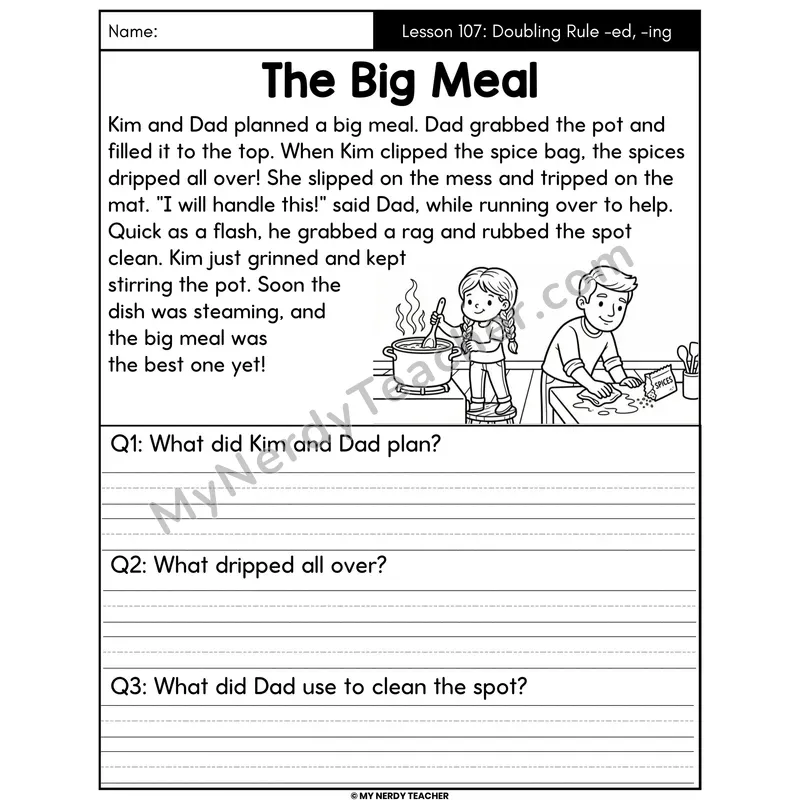 Doubling Rule -ed and -ing Decodable Passage - The Big Meal (Written Answers)