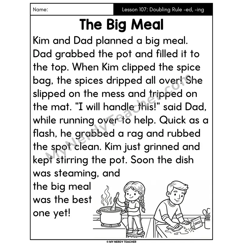 Doubling Rule -ed and -ing Decodable Passage - The Big Meal (Large Print)