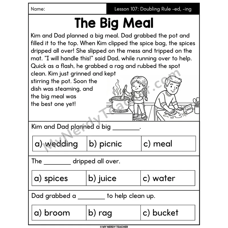 Doubling Rule -ed and -ing Decodable Passage - The Big Meal (Multiple Choice)