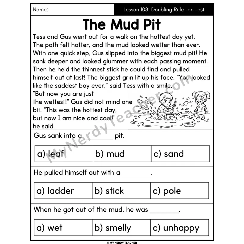 Doubling Rule -er and -est Decodable Passage - The Mud Pit (Multiple Choice)