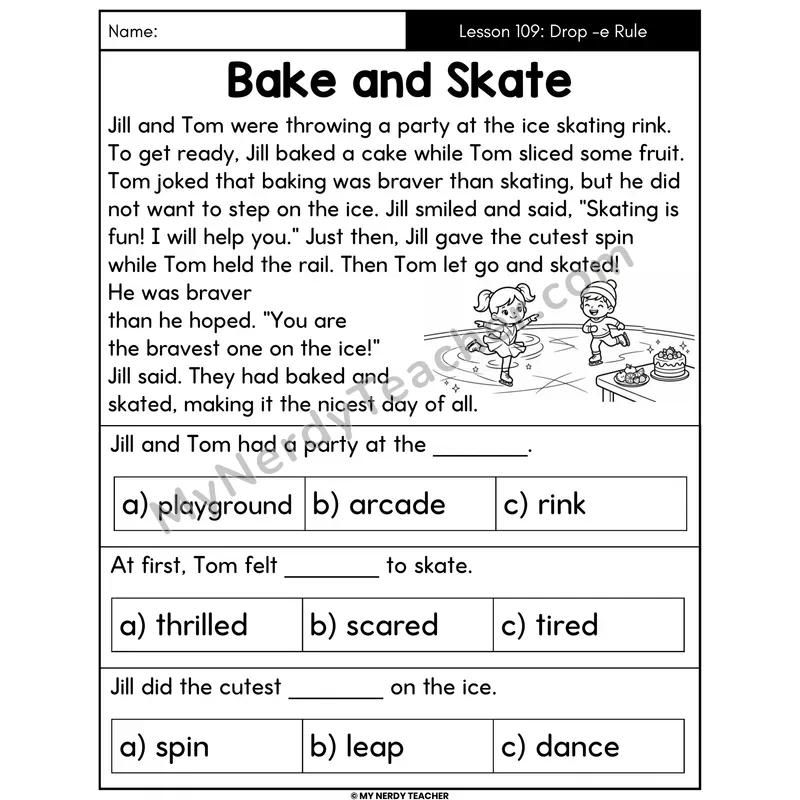 Drop the E Rule Decodable Passage - Bake and Skate (Multiple Choice)