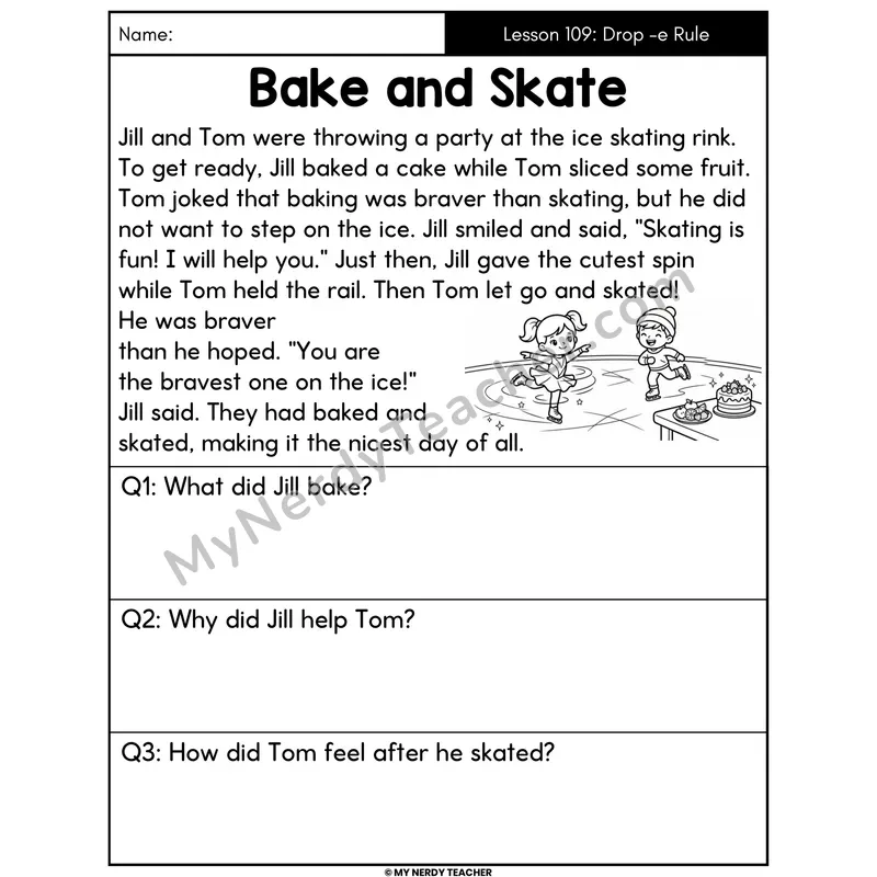 Drop the E Rule Decodable Passage - Bake and Skate (Answer Boxes)