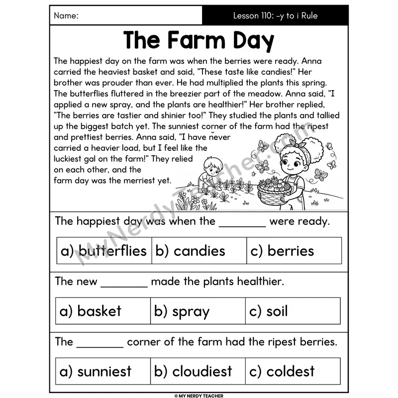 Change Y to I Rule Decodable Passage - The Farm Day (Multiple Choice)