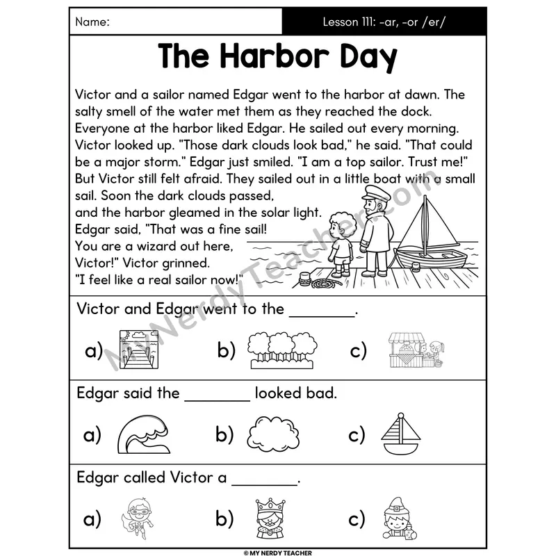 -ar and -or Spelling /er/ Decodable Passage - The Harbor Day (Picture Choices)