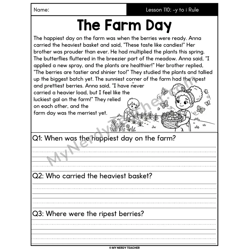 Change Y to I Rule Decodable Passage - The Farm Day (Written Answers)