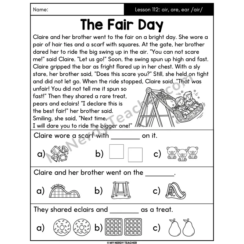 air are ear Spelling /air/ Decodable Passage - The Fair Day (Picture Choices)