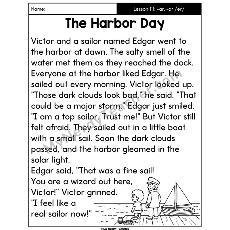 -ar and -or Spelling /er/ Decodable Passage - The Harbor Day (Large Print)