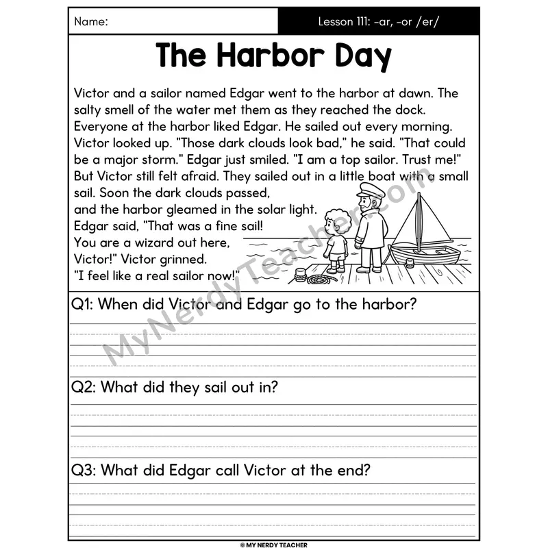 -ar and -or Spelling /er/ Decodable Passage - The Harbor Day (Written Answers)