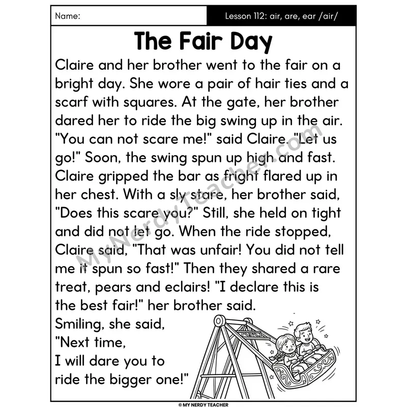 air are ear Spelling /air/ Decodable Passage - The Fair Day (Large Print)