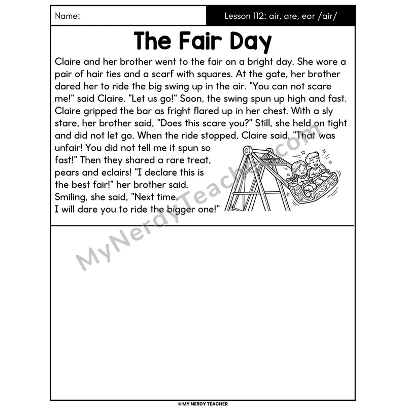air are ear Spelling /air/ Decodable Passage - The Fair Day (Draw the Story)