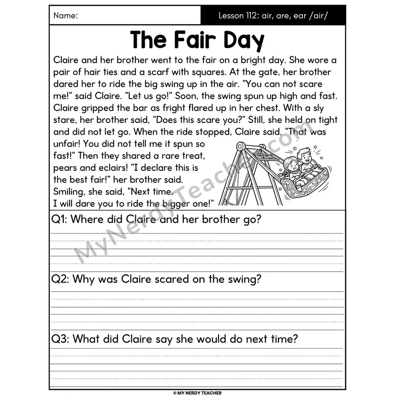 air are ear Spelling /air/ Decodable Passage - The Fair Day (Written Answers)