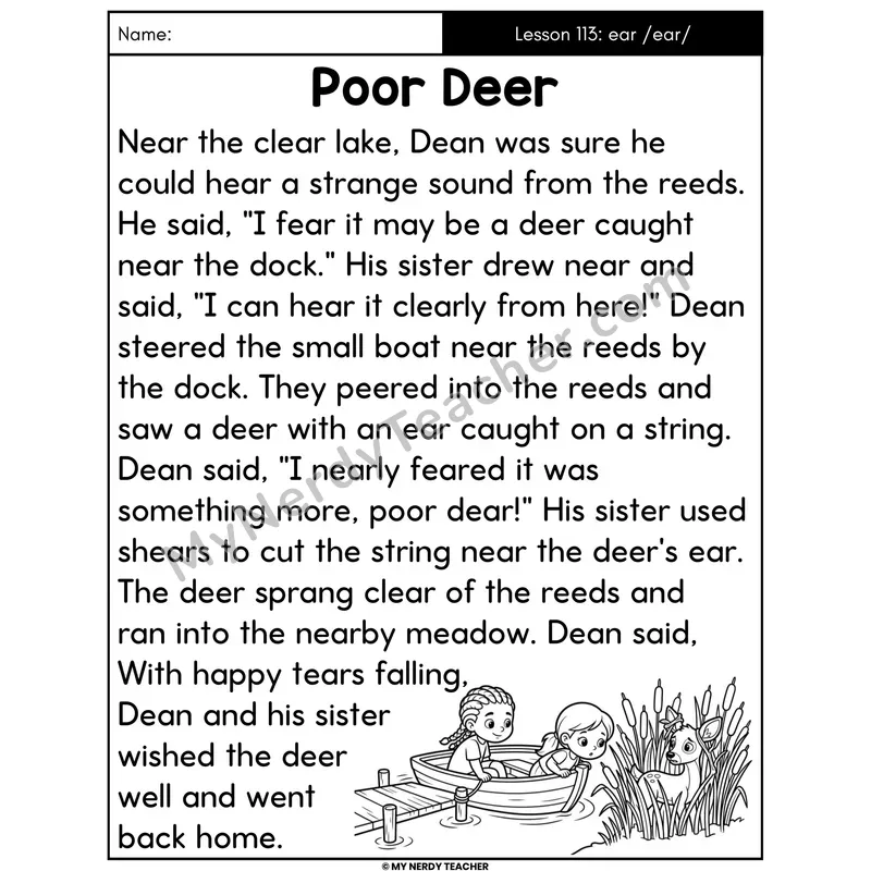 ear Spelling /ear/ Decodable Passage - Poor Deer (Large Print)