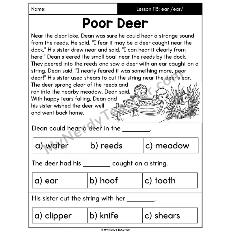 ear Spelling /ear/ Decodable Passage - Poor Deer (Multiple Choice)