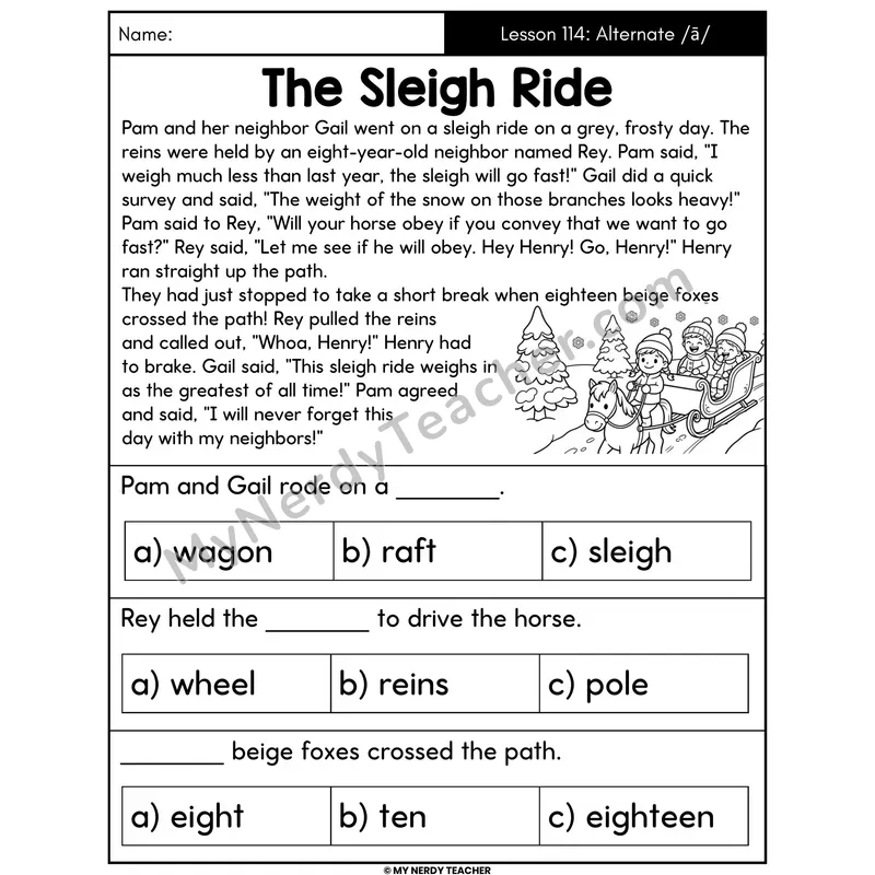 Alternate Long A Spellings Decodable Passage - The Sleigh Ride (Multiple Choice)