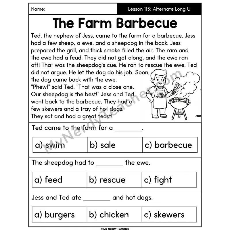 Alternate Long U Spellings Decodable Passage - The Farm Barbecue (Multiple Choice)