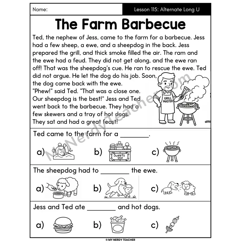 Alternate Long U Spellings Decodable Passage - The Farm Barbecue (Picture Choices)