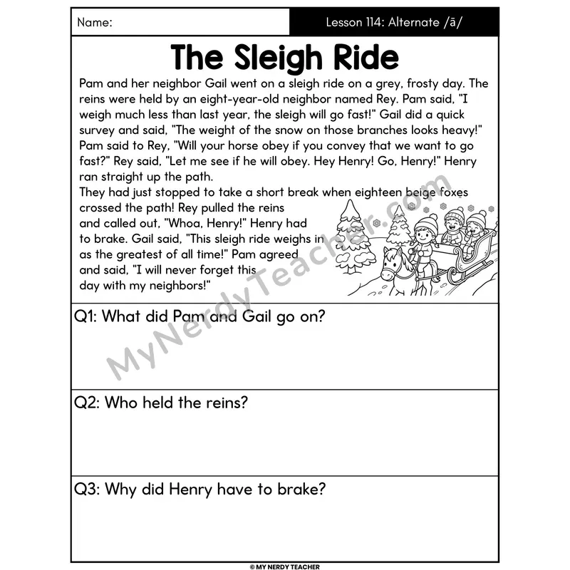 Alternate Long A Spellings Decodable Passage - The Sleigh Ride (Answer Boxes)