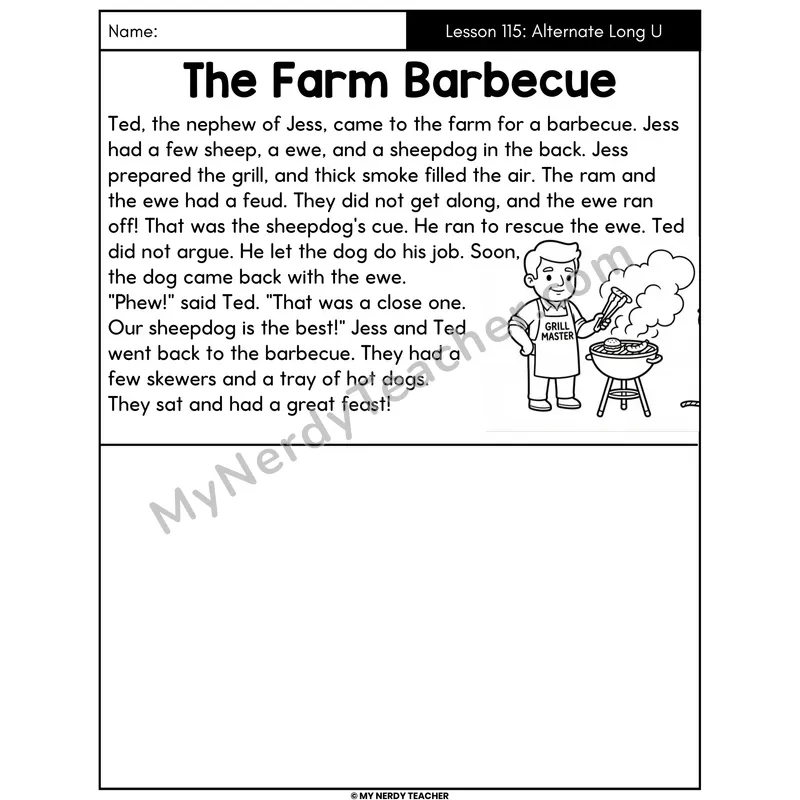 Alternate Long U Spellings Decodable Passage - The Farm Barbecue (Draw the Story)