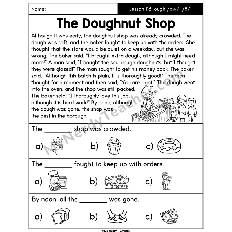 ough Spellings Decodable Passage - The Doughnut Shop (Picture Choices)