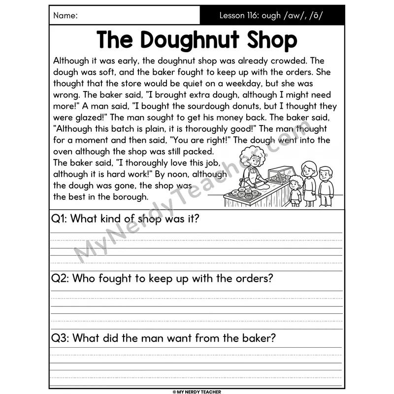 ough Spellings Decodable Passage - The Doughnut Shop (Written Answers)