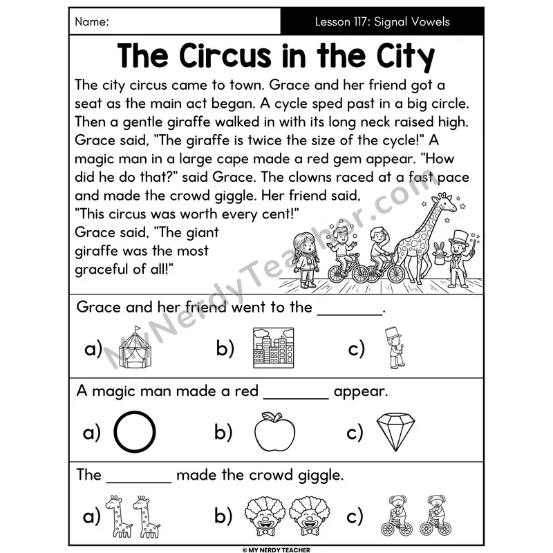 Soft C and Soft G Signal Vowels Decodable Passage - The Circus in the City (Picture Choices)