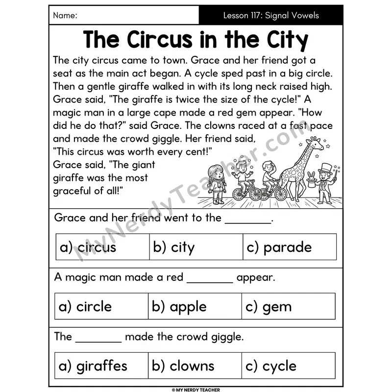 Soft C and Soft G Signal Vowels Decodable Passage - The Circus in the City (Multiple Choice)