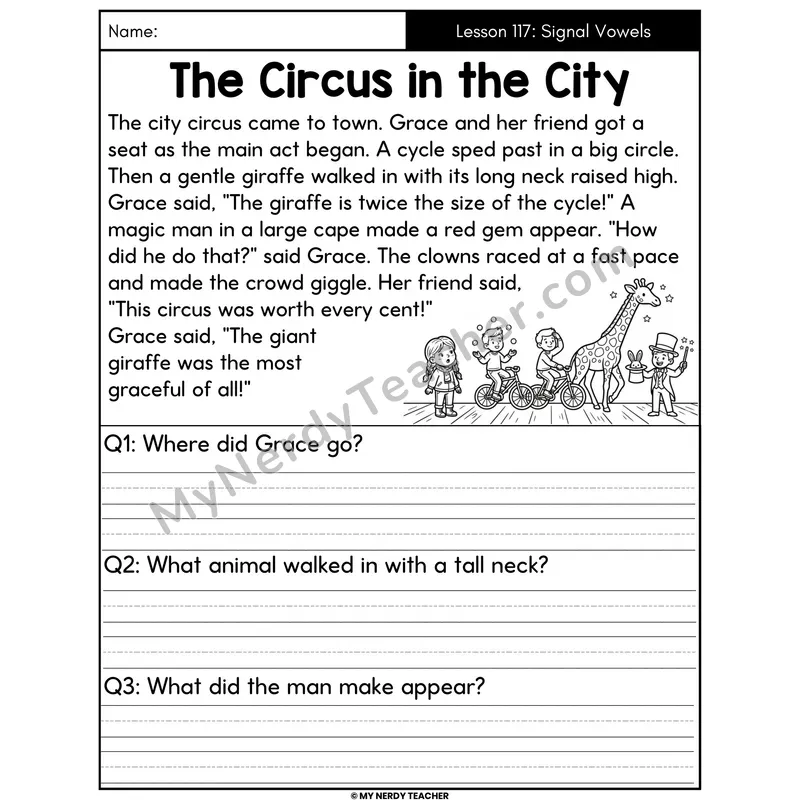 Soft C and Soft G Signal Vowels Decodable Passage - The Circus in the City (Written Answers)