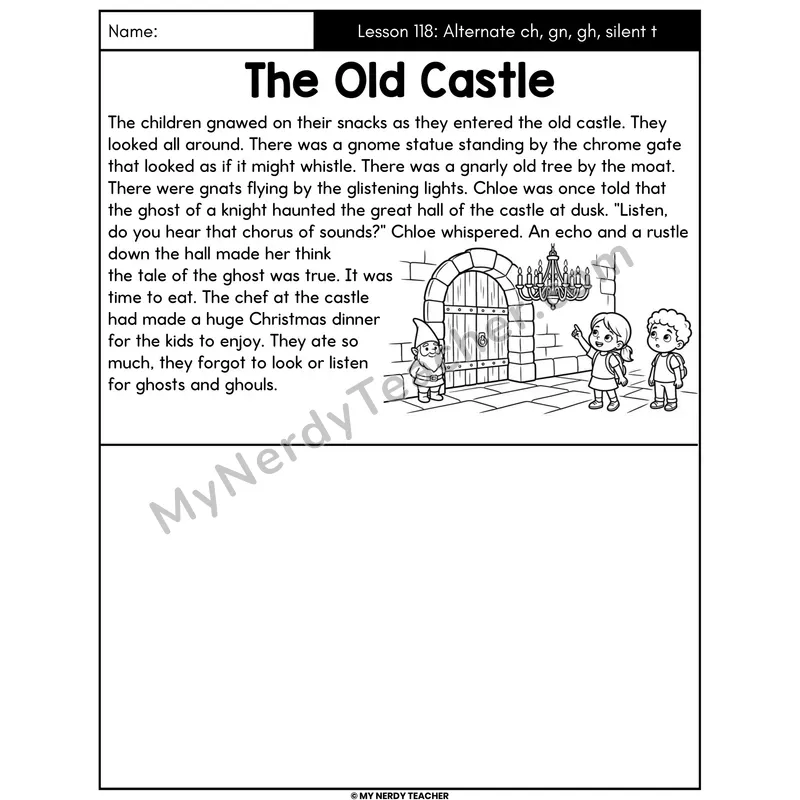 Alternate ch gn gh Silent t Decodable Passage - The Old Castle (Draw the Story)