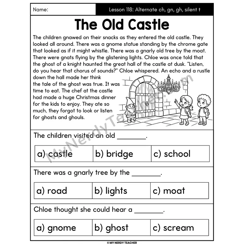 Alternate ch gn gh Silent t Decodable Passage - The Old Castle (Multiple Choice)