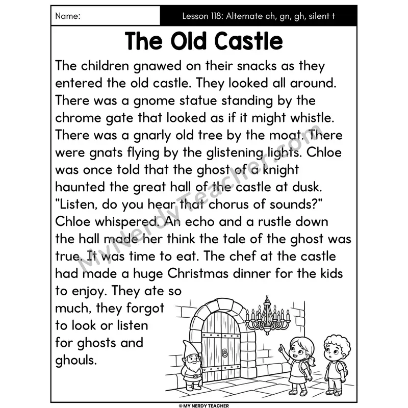 Alternate ch gn gh Silent t Decodable Passage - The Old Castle (Large Print)