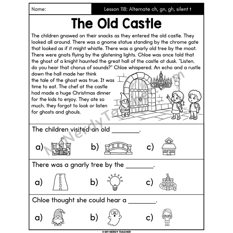 Alternate ch gn gh Silent t Decodable Passage - The Old Castle (Picture Choices)
