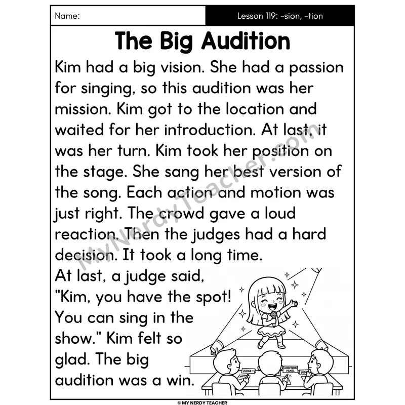 Suffixes -sion and -tion Decodable Passage - The Big Audition (Large Print)