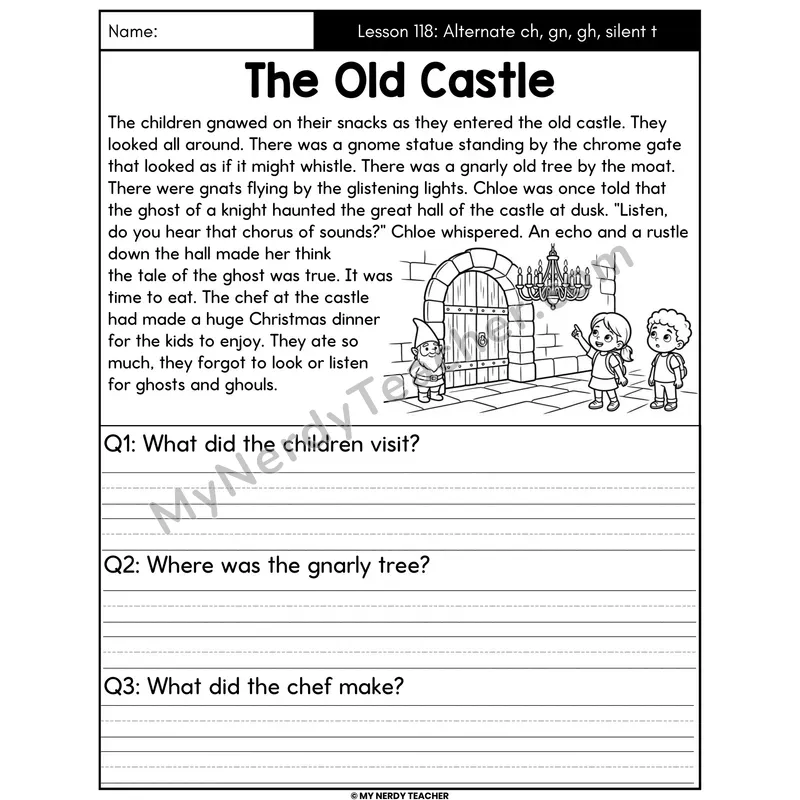 Alternate ch gn gh Silent t Decodable Passage - The Old Castle (Written Answers)