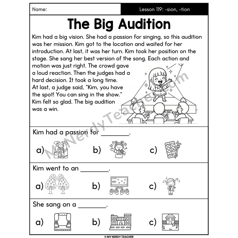 Suffixes -sion and -tion Decodable Passage - The Big Audition (Picture Choices)
