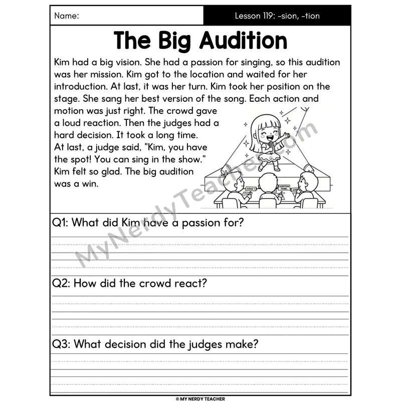 Suffixes -sion and -tion Decodable Passage - The Big Audition (Written Answers)