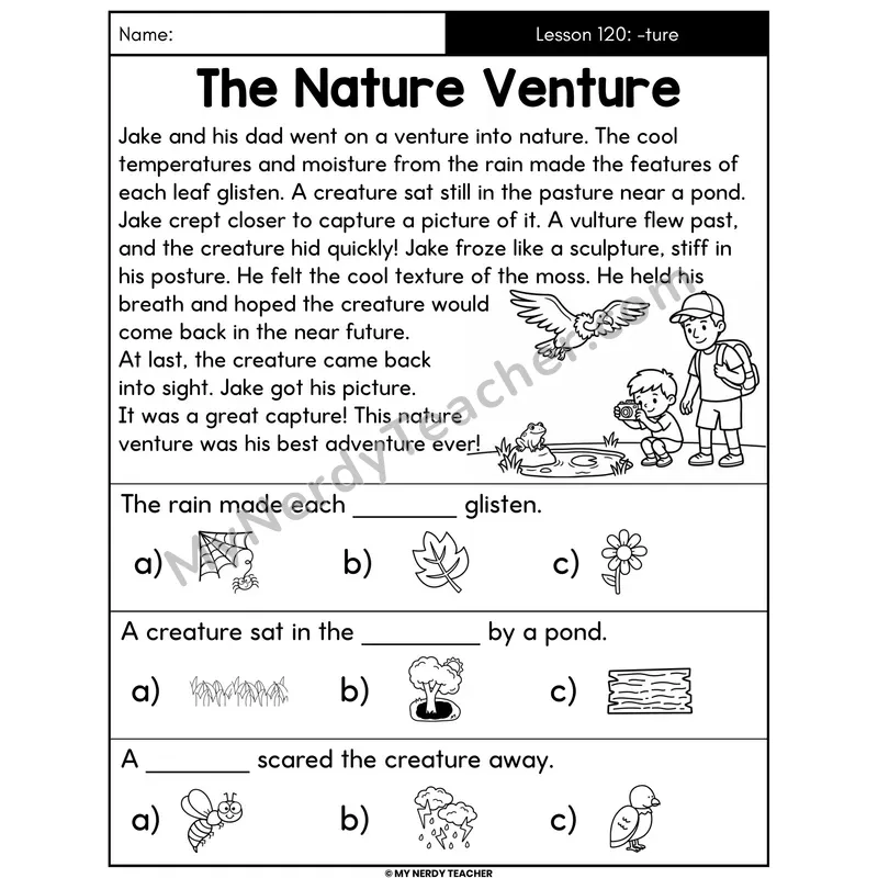Suffix -ture Decodable Passage - The Nature Venture (Picture Choices)