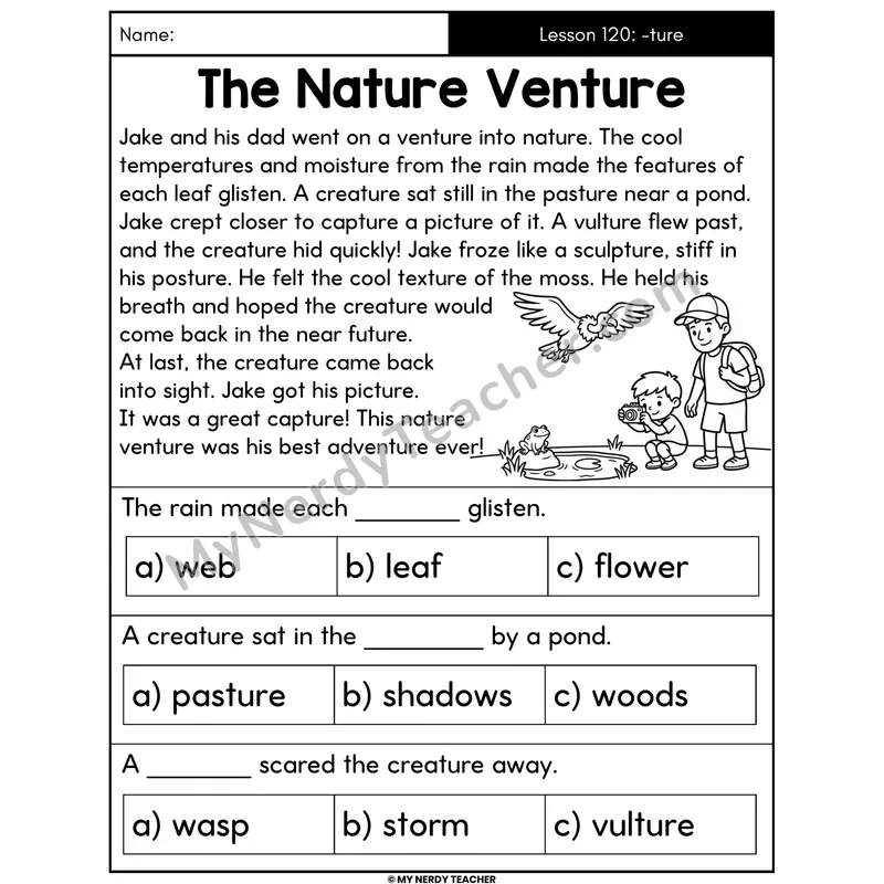 Suffix -ture Decodable Passage - The Nature Venture (Multiple Choice)