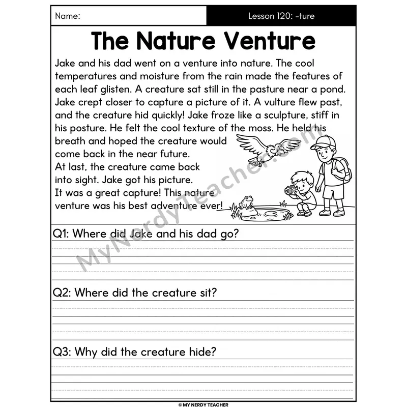 Suffix -ture Decodable Passage - The Nature Venture (Written Answers)