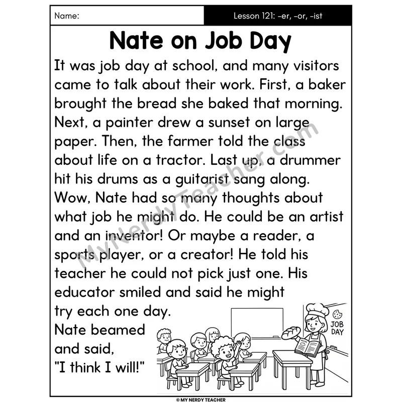 Suffixes -er -or -ist Decodable Passage - Nate on Job Day (Large Print)