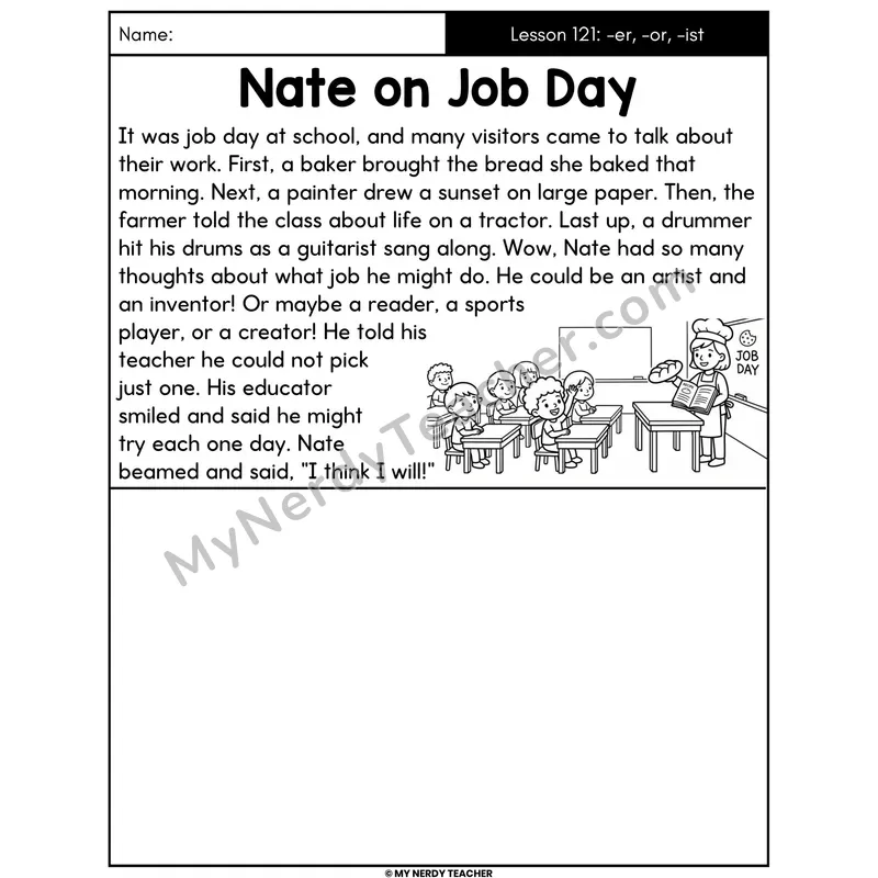 Suffixes -er -or -ist Decodable Passage - Nate on Job Day (Draw the Story)
