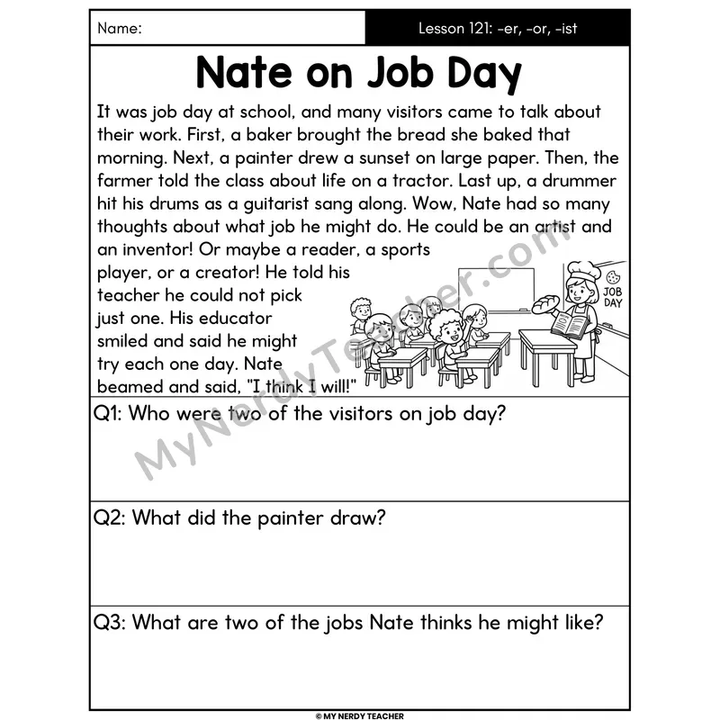Suffixes -er -or -ist Decodable Passage - Nate on Job Day (Answer Boxes)