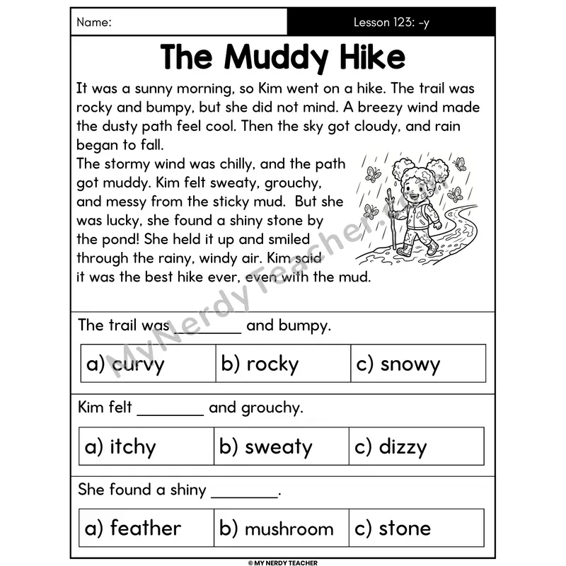 Suffix -y Decodable Passage - The Muddy Hike (Multiple Choice)