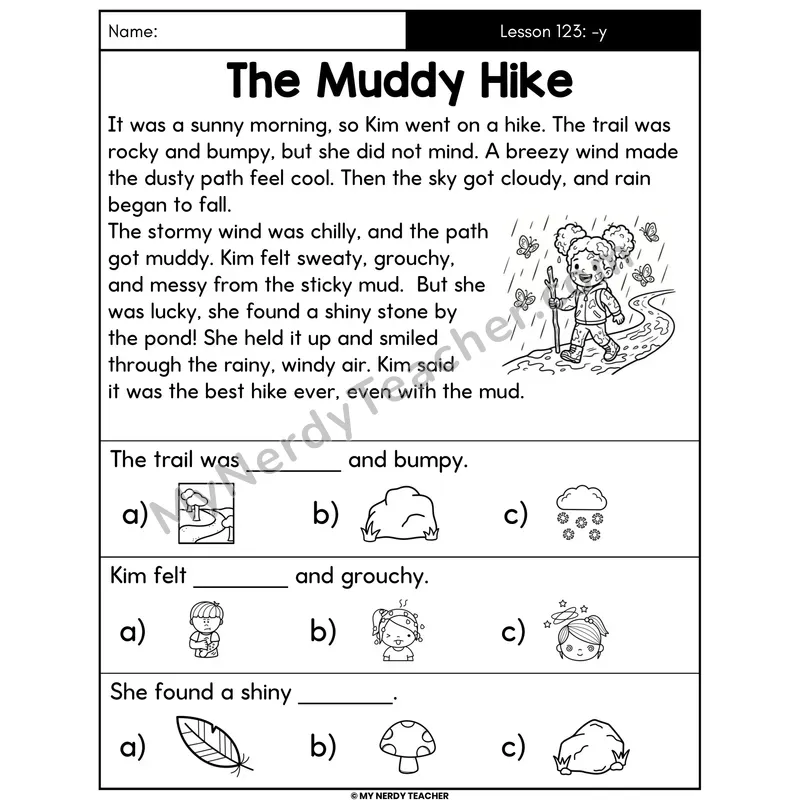 Suffix -y Decodable Passage - The Muddy Hike (Picture Choices)
