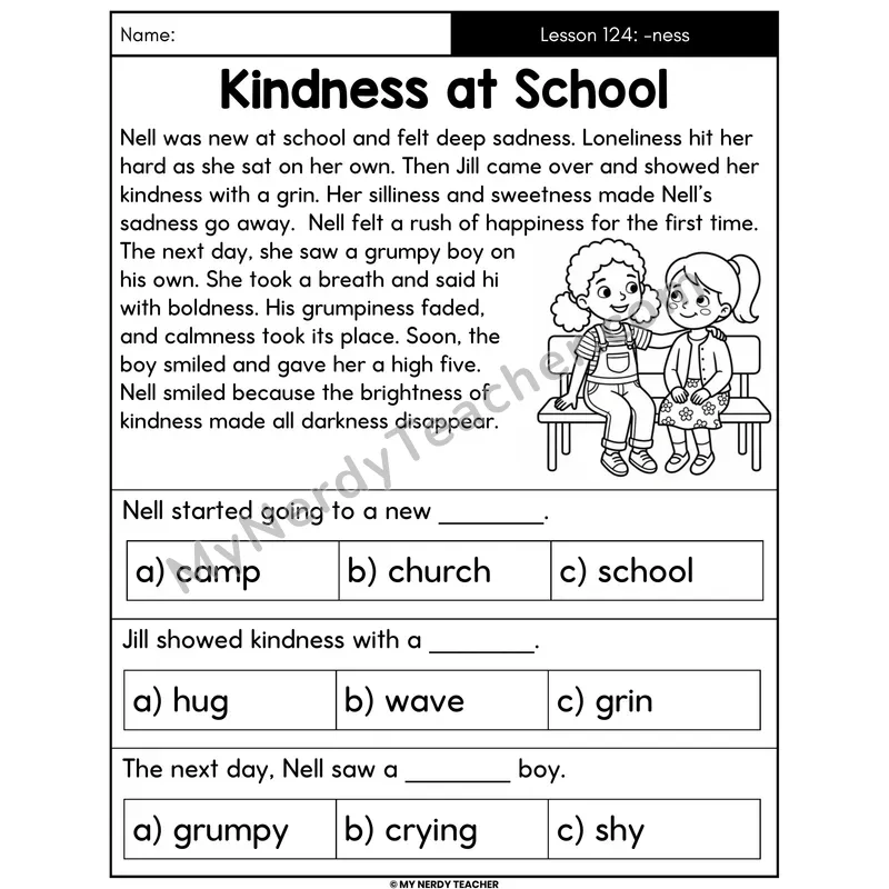 Suffix -ness Decodable Passage - Kindness at School (Multiple Choice)