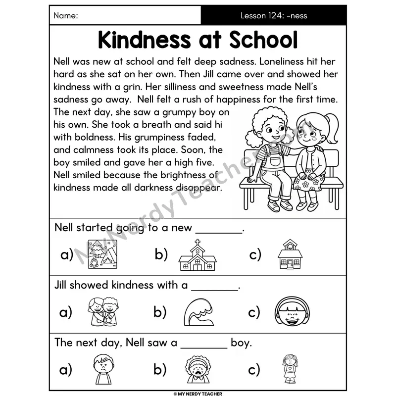 Suffix -ness Decodable Passage - Kindness at School (Picture Choices)